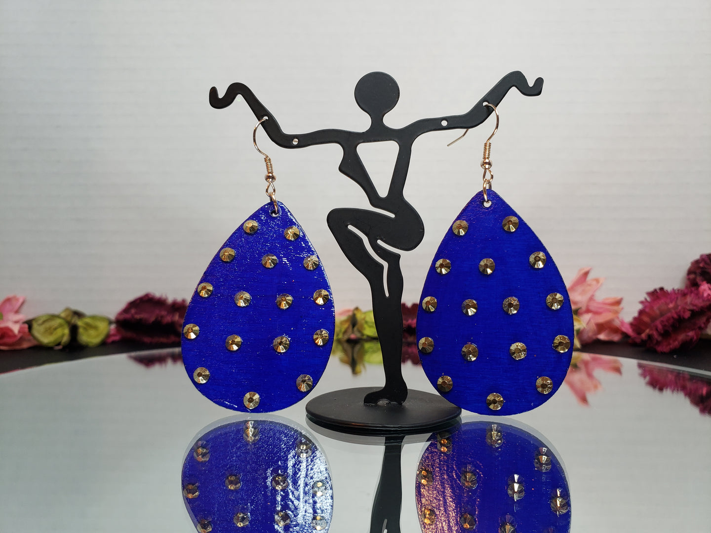 Blue with Gold Rhinestones Teardrop Earrings