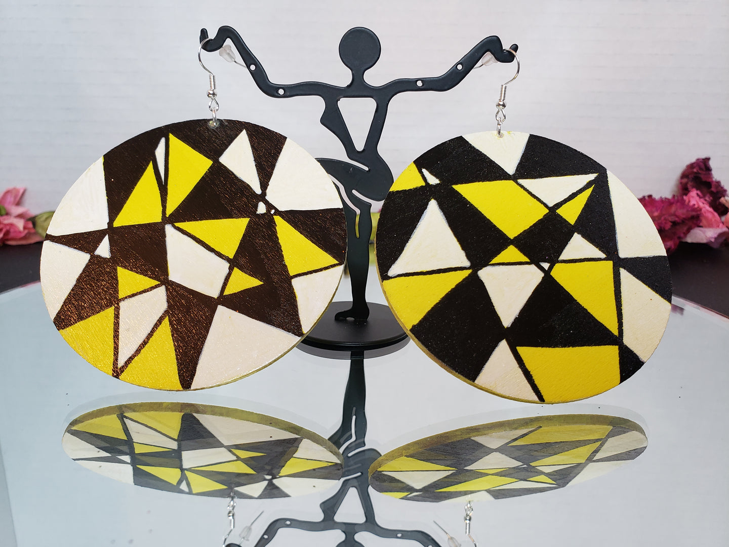 Hand Painted 3 inch Black, White and Yellow Earrings