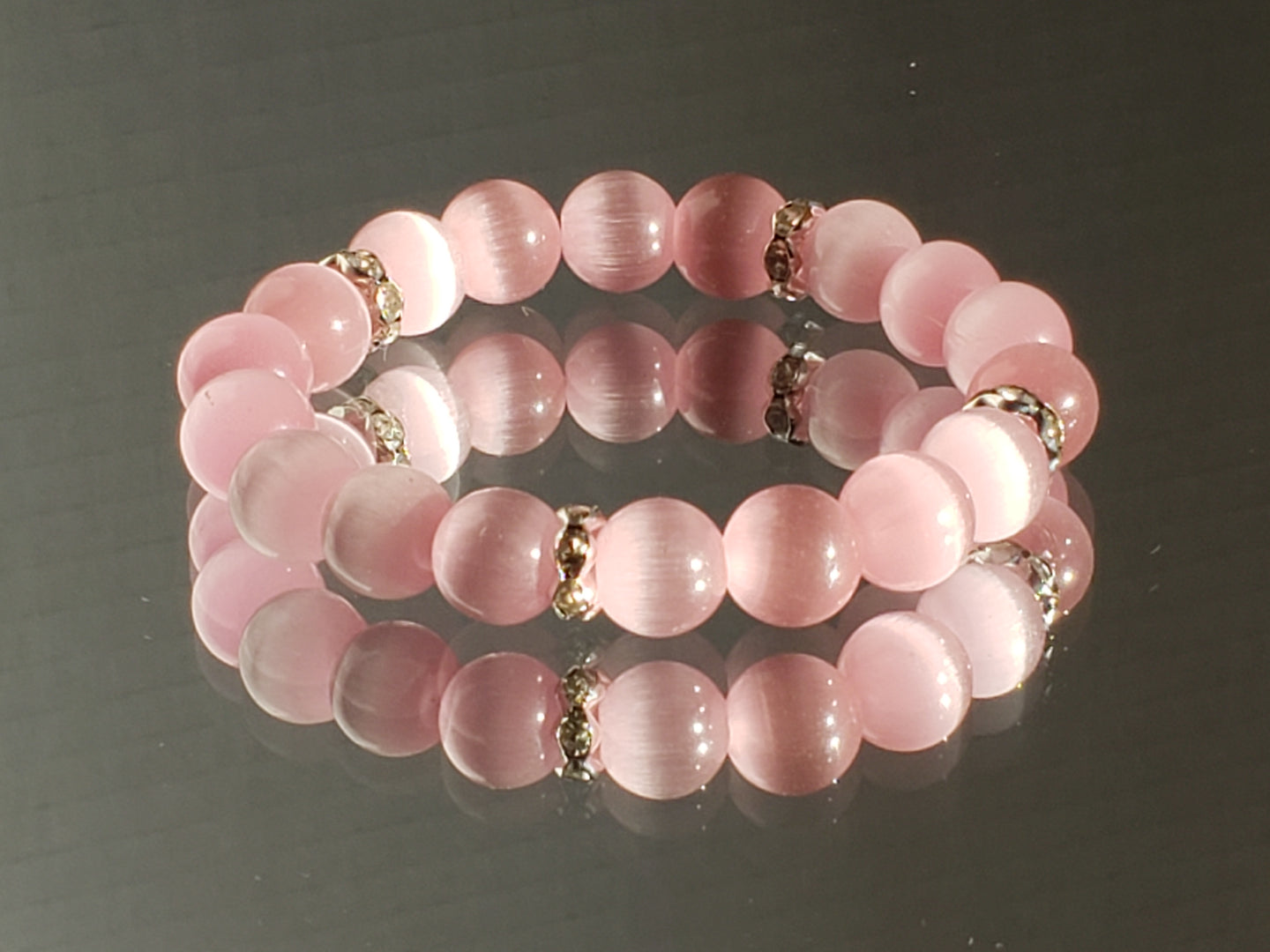 Set of 3 Natural Stone 8mm Beads Bracelets - BigBeryl Pink Cat Eye Stone / 21cm